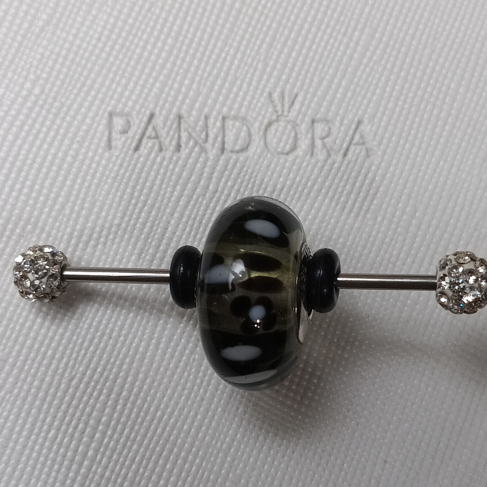 Pandora XL Vintage Silver Black Flowers Murano Glass Charm (2 Listed Separately)